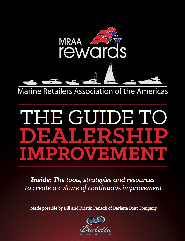 MRAA Guide to Dealership Improvement cover featuring images of white boats on black background and bold RED font saying Dealership Improvement