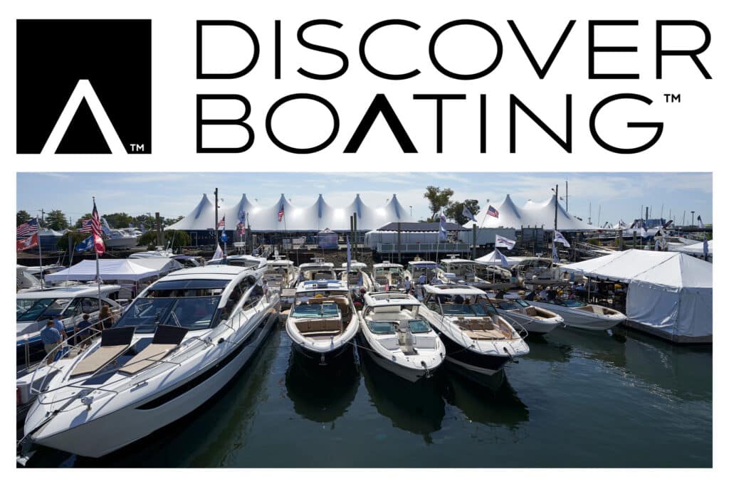 Boats lined up and docked for Discover Boating boat show. Image supplied by NMMA.