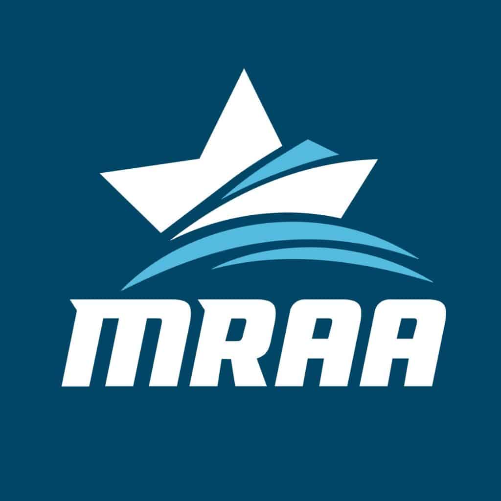 MRAA icon loogo with white MRAA, star and boat win light blue water