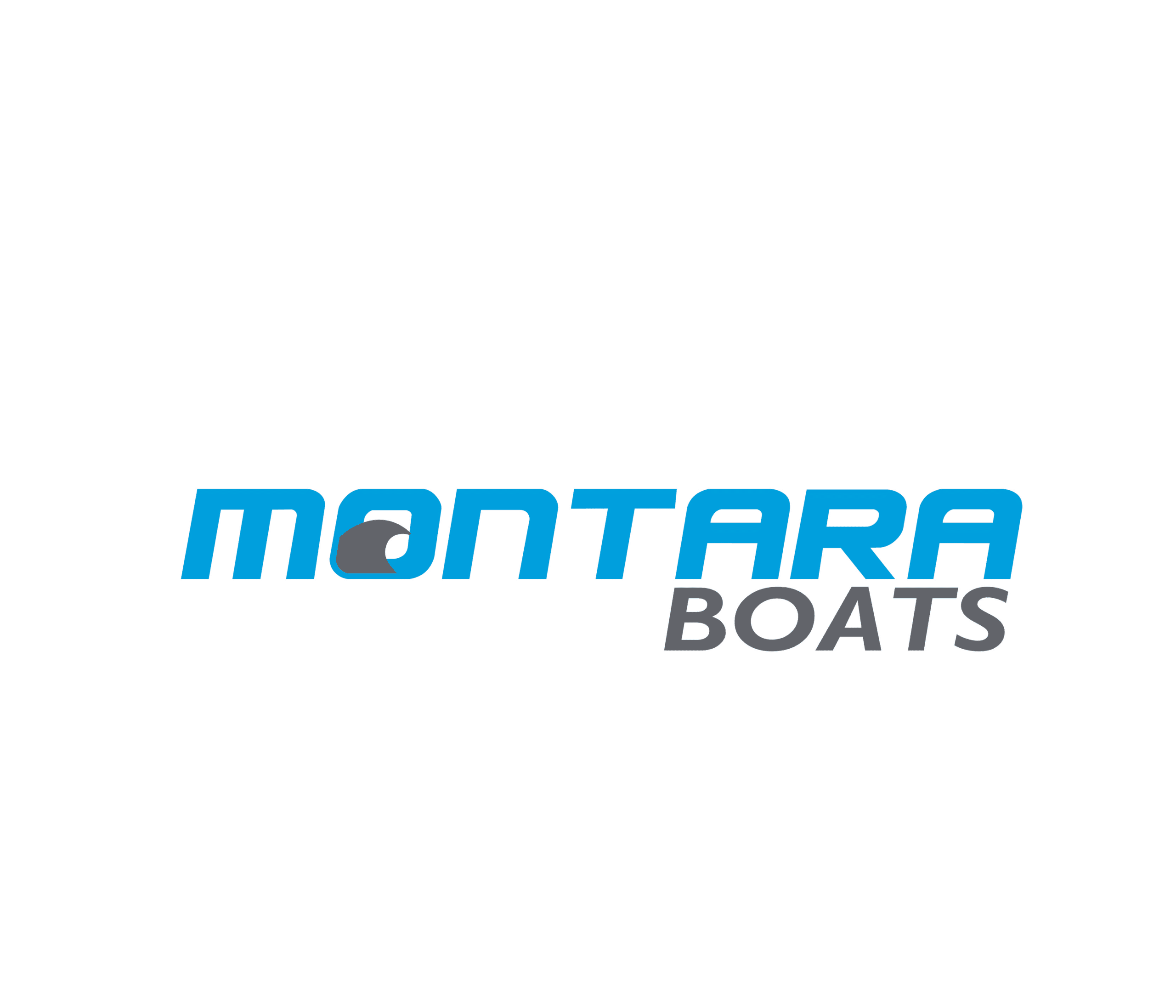 Montara Boats logo with blue Montara, black boats on white square background