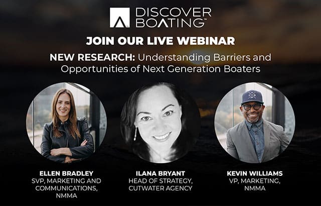 graphic showing speakers for Discover Boating webinar on Understanding the Barriers and Opportunities of Next Generation Boaters