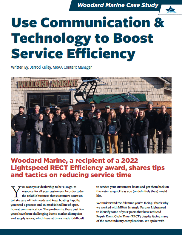 MRAA Case Study document featuring tips and advice for service efficiency from MRAA Certified Dealership Woodard Marine.