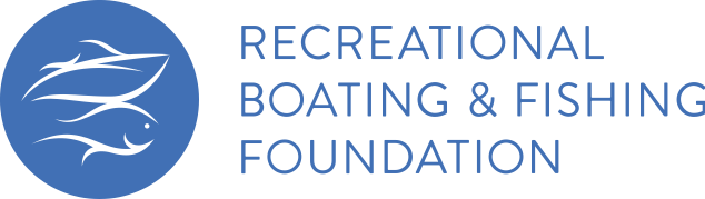 RBFF association logo with white outline of boat and fish in blue circle and the words Recreational Boating & Fishing Foundation
