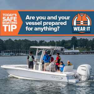 NSBW image with white center-console boat and boaters wearing their life jackets on a body of water.