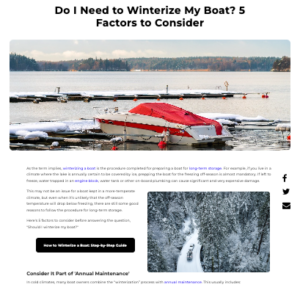 Winterization image of lonely covered boat and a lake with snow-strewn dock.