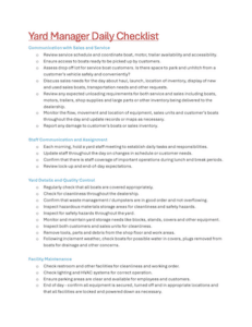 Yard Manager = Head Nurse; Daily Checklist