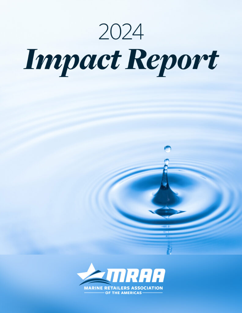 Cover of the 2024 Impact Report by the Marine Retailers Association of the Americas (MRAA), featuring a water ripple effect with the MRAA logo at the bottom.