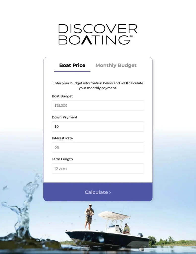Boat loan calculator form with $25,000 budget and zero down payment shown on Discover Boating website, overlayed on a scenic image of two people on a motorboat.