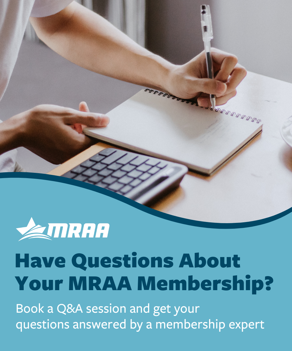 Have questions about your MRAA membership? Book a Q&A session with a membership expert. Banner image with MRAA logo, a person writing in a notebook, and a call-to-action for marine industry professionals to get membership support.