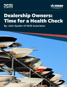 Cover of the Dealership Owners: Time for a Health Check guide by NCM Associates and MRAA, featuring stacked boats and blue sky background