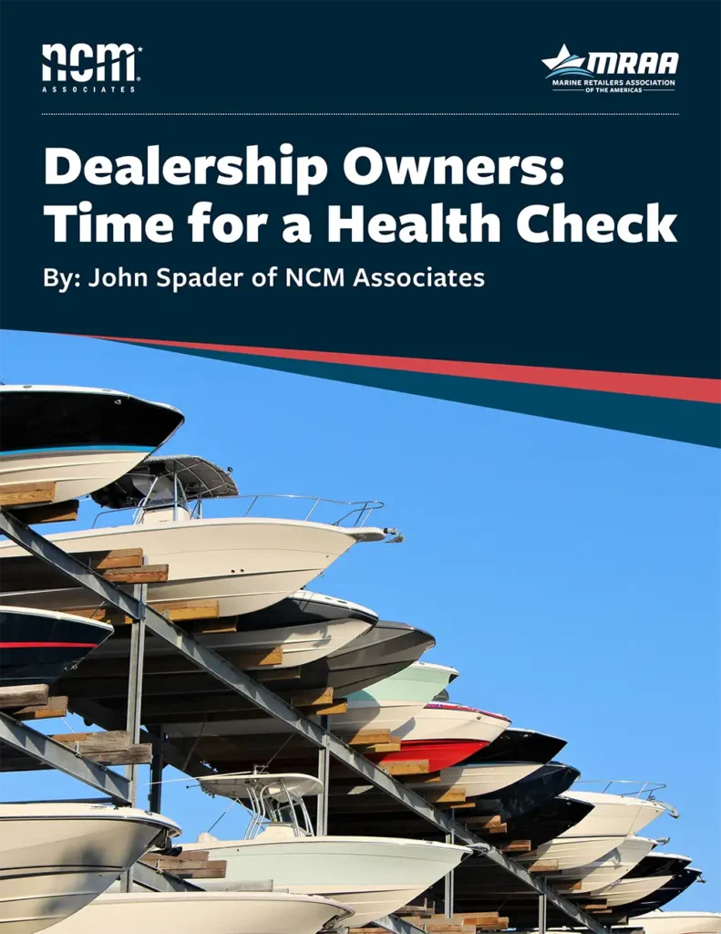 Cover of the Dealership Owners: Time for a Health Check guide by NCM Associates and MRAA, featuring stacked boats and blue sky background