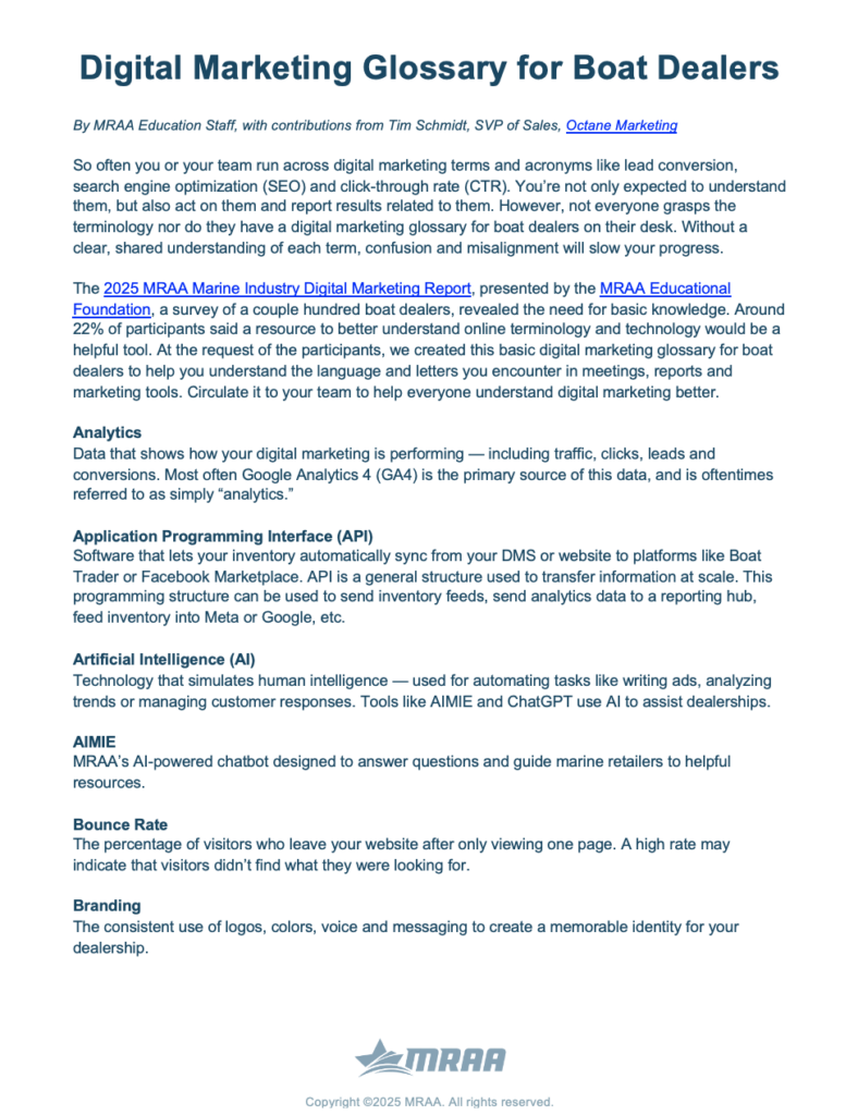 MRAA Digital Marketing Glossary for boat dealers