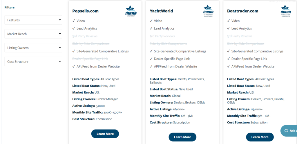 Screenshot of the Online Boat Marketplace Directory, including the filters on the left side and the first three listings on the right now.