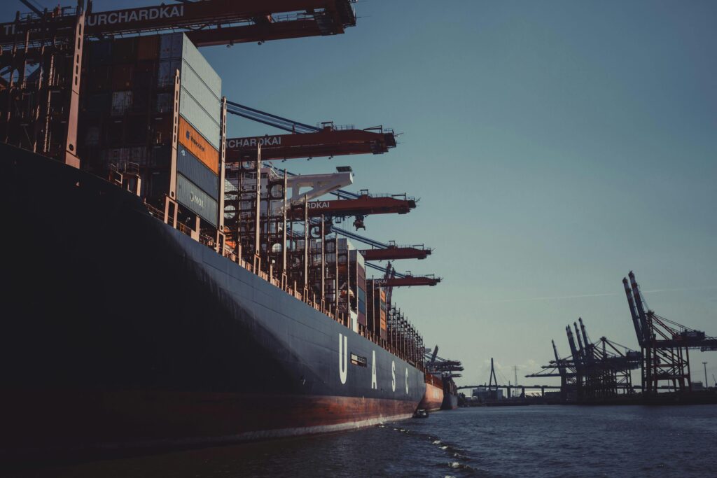 Large cargo trade boat on water