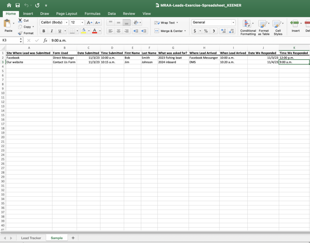 Image of sample Excel template for MRAA Leads Exercise