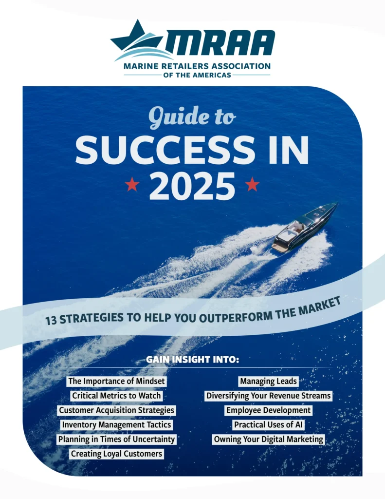 Cover of MRAA’s Guide to Success in 2025 featuring a speedboat on blue water with 13 market strategies for marine retailers.