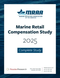 Cover of the 2025 Marine Retail Compensation Stud featuring the MRAA logo, title, and Readex Research branding on a blue water background.