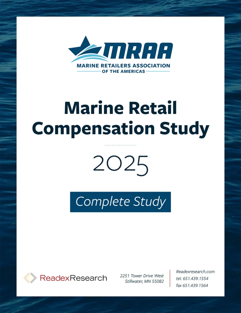 Cover of the 2025 Marine Retail Compensation Stud featuring the MRAA logo, title, and Readex Research branding on a blue water background.