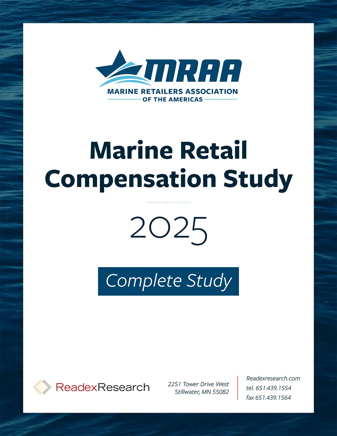 Cover of the 2025 Marine Retail Compensation Stud featuring the MRAA logo, title, and Readex Research branding on a blue water background.