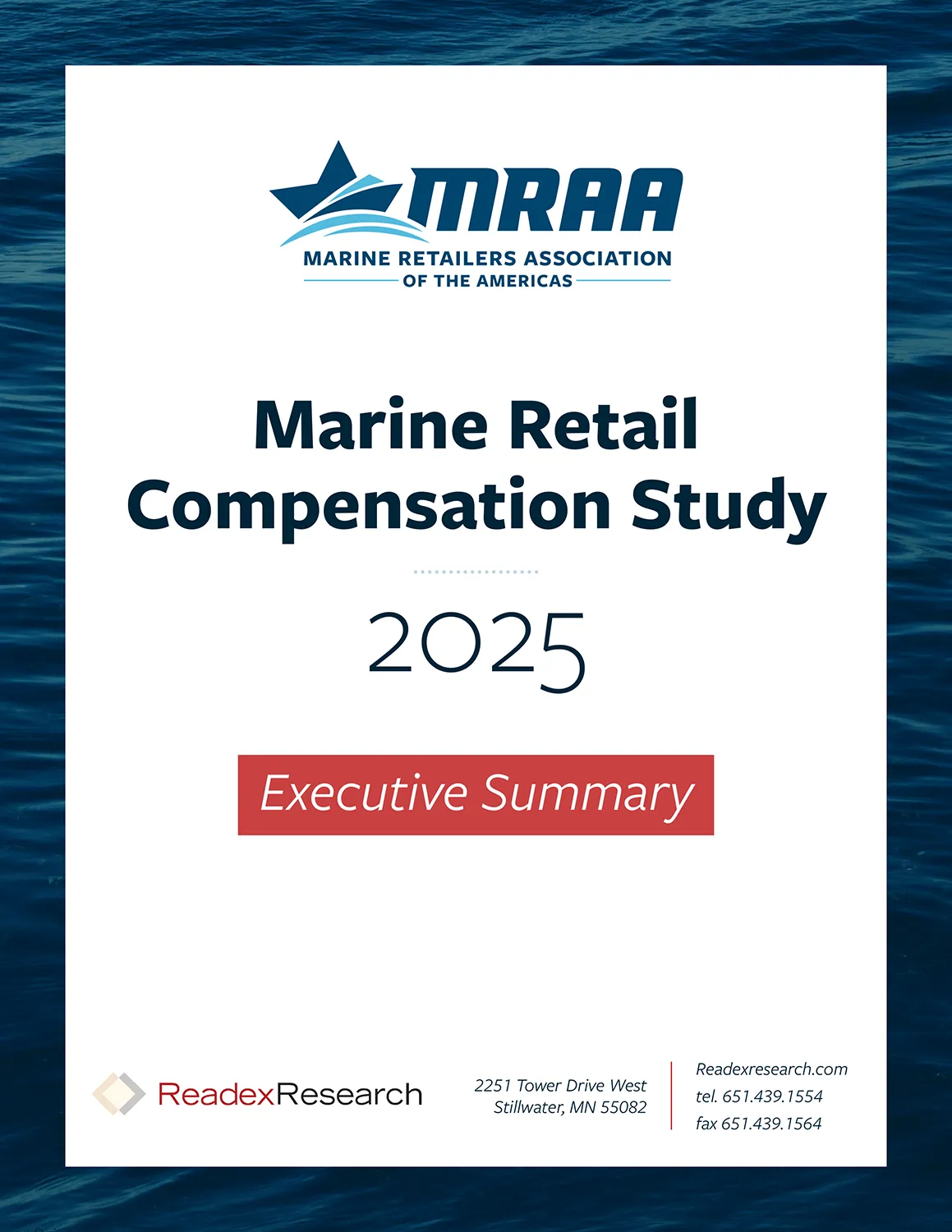 Cover of the 2025 Marine Retail Compensation Study Executive Summary featuring the MRAA logo, title, and Readex Research branding on a blue water background.