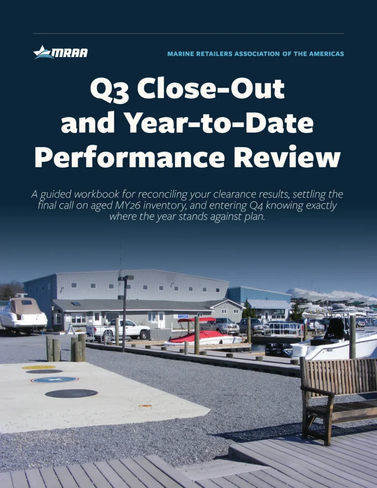 Cover of the Q3 close-out workbook for marine dealers reviewing year-to-date dealership performance