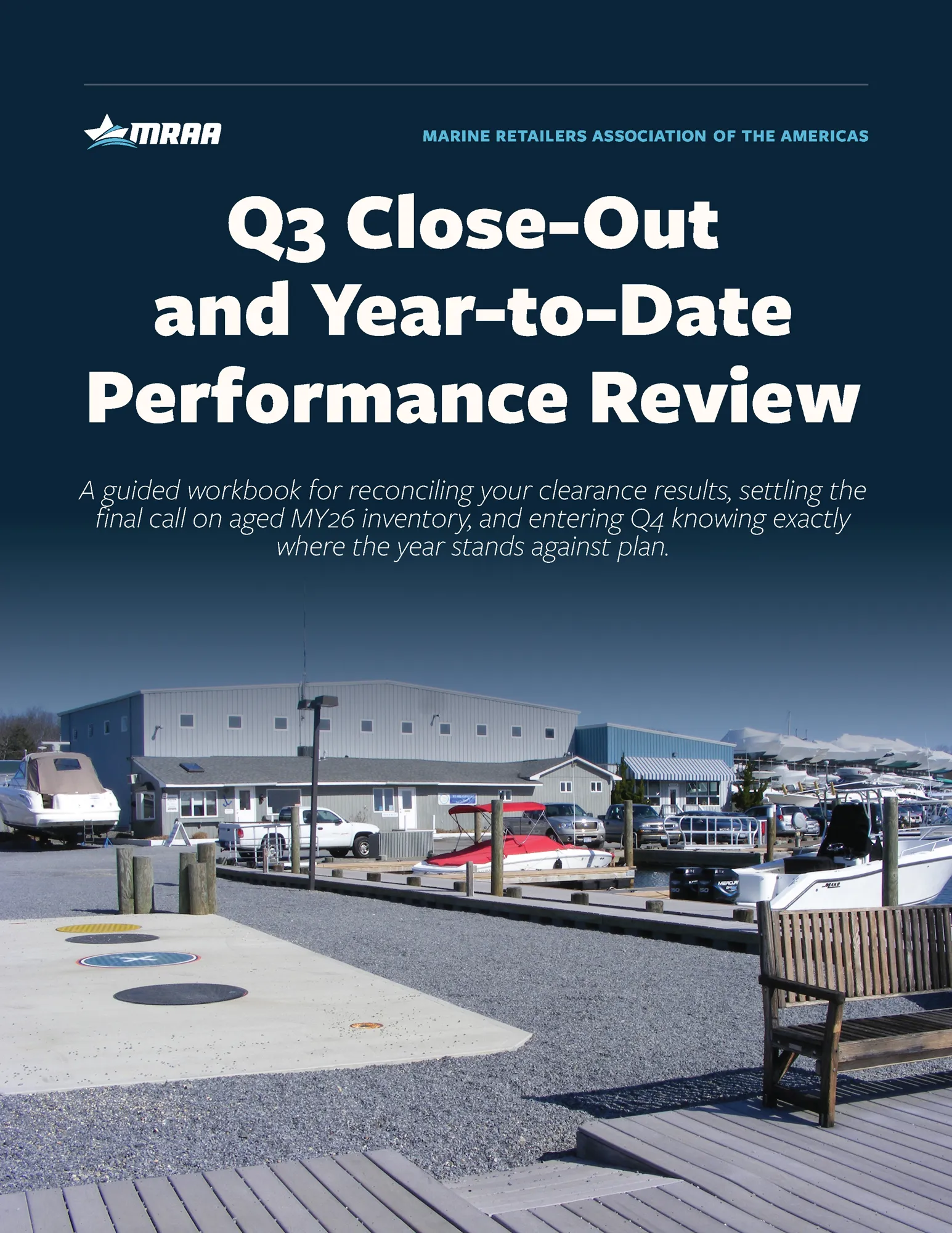 Cover of the Q3 close-out workbook for marine dealers reviewing year-to-date dealership performance