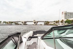boat approaching bay bridge