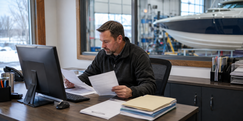Person at desk in a business reviewing paperwork
