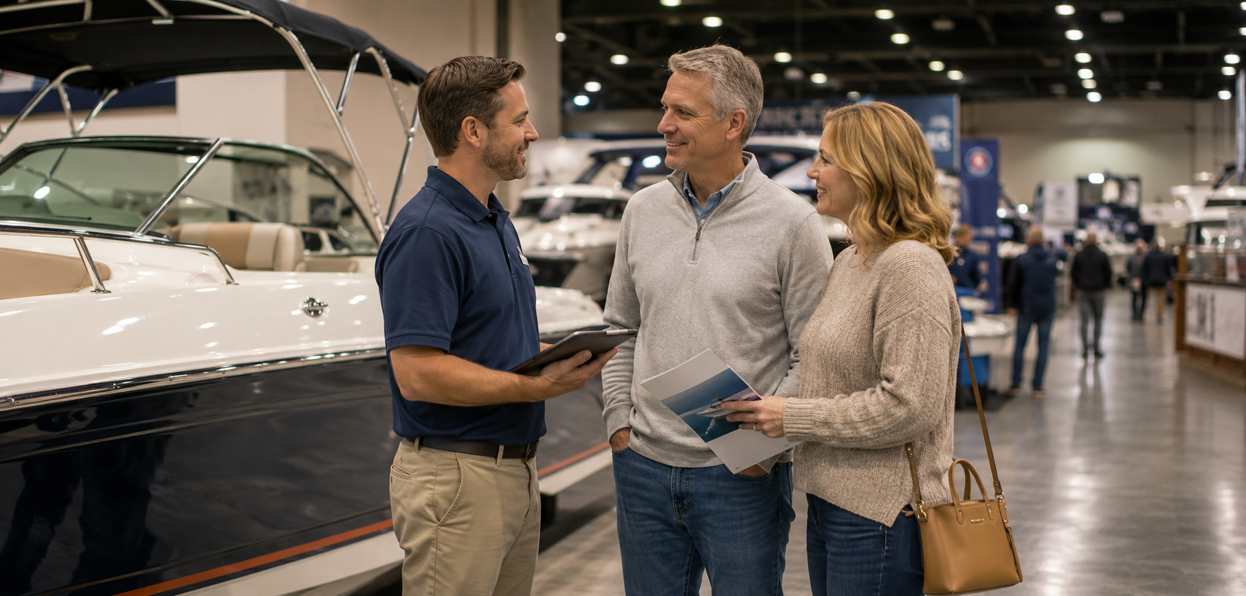 Dealer rep talking to prospects at boat show