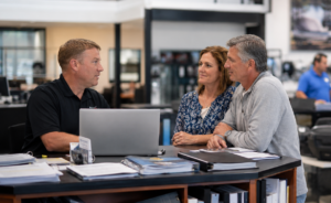 Sales rep and customers converse in showroom